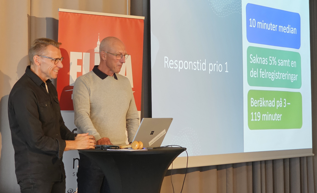 Glenn Larsson och Christer Axelsson står på en scen och visar en presentation om responstid.