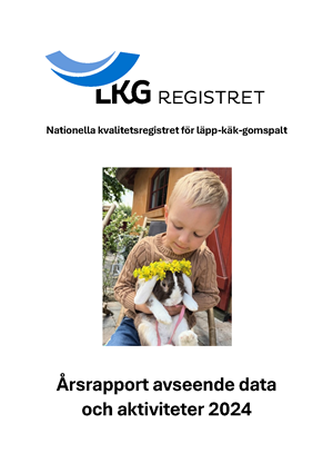 Miniatyr av framsidan på årsrapporten för 2024. Förutom titel på rapporten finns en bild på ett barnmed läpp- käk- och/eller gomspalt som håller i en kanin.