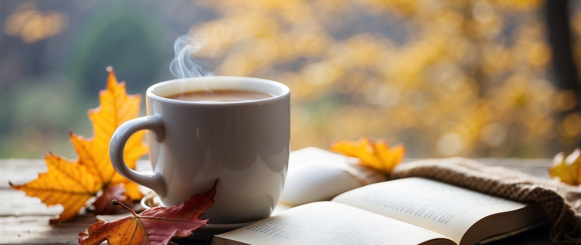 Vit kaffekopp och uppslagen bok på bord med höstlöv ute i naturen.