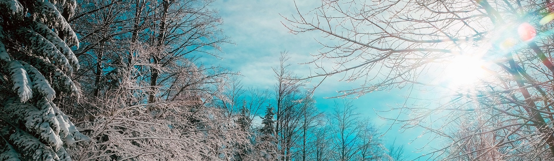 Blå bakgrundsbild, sol över vinterlandskap med blå himmel.